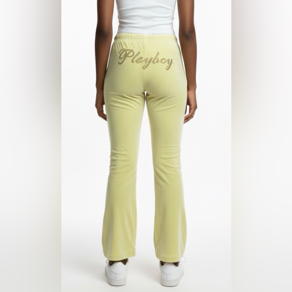 PLAYBOY Pale Yellow Flared Track Pants velur bottom and embellished hodie set